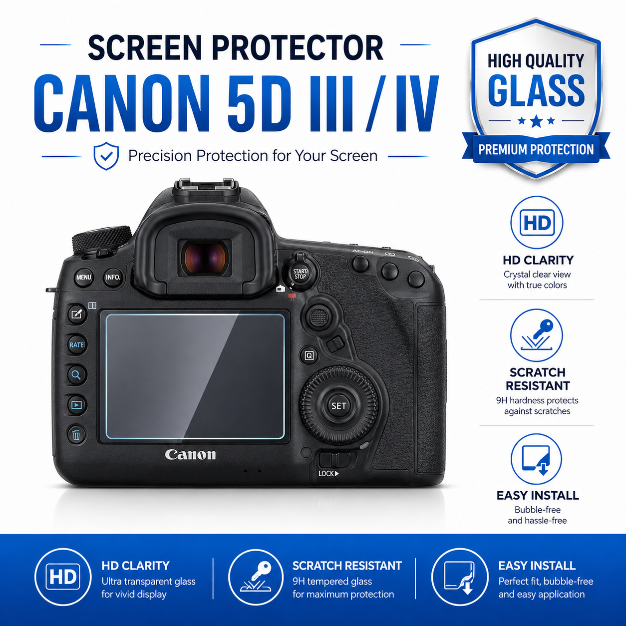 Screen Protector Canon 5D III IV Canon 5D Mark III / 5D Mark IV Screen Protector – 9H Tempered Glass LCD Guard - Image 1