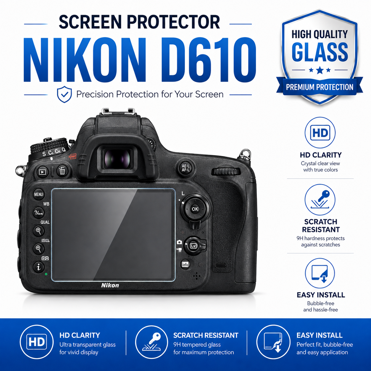 Screen Protector Glass Nikon D610 Nikon D610 Screen Protector 9H Tempered Glass HD LCD Guard - Image 1